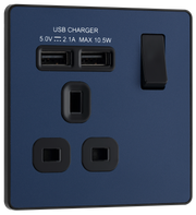 BG PCDDB21U2B Matt Blue Evolve 1 Gang 13A 2x USB-A 2.1A Switched Socket Outlet - Black Insert by British General (BG-PCDDB21U2B-Shopify-SA_1)