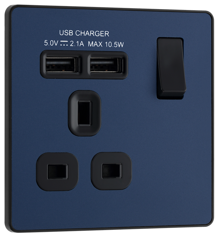 PCDDB21U2B Front - This Evolve Matt Blue 13A single power socket from British General comes with two USB charging ports, allowing you to plug in an electrical device and charge mobile devices simultaneously without having to sacrifice a power socket.