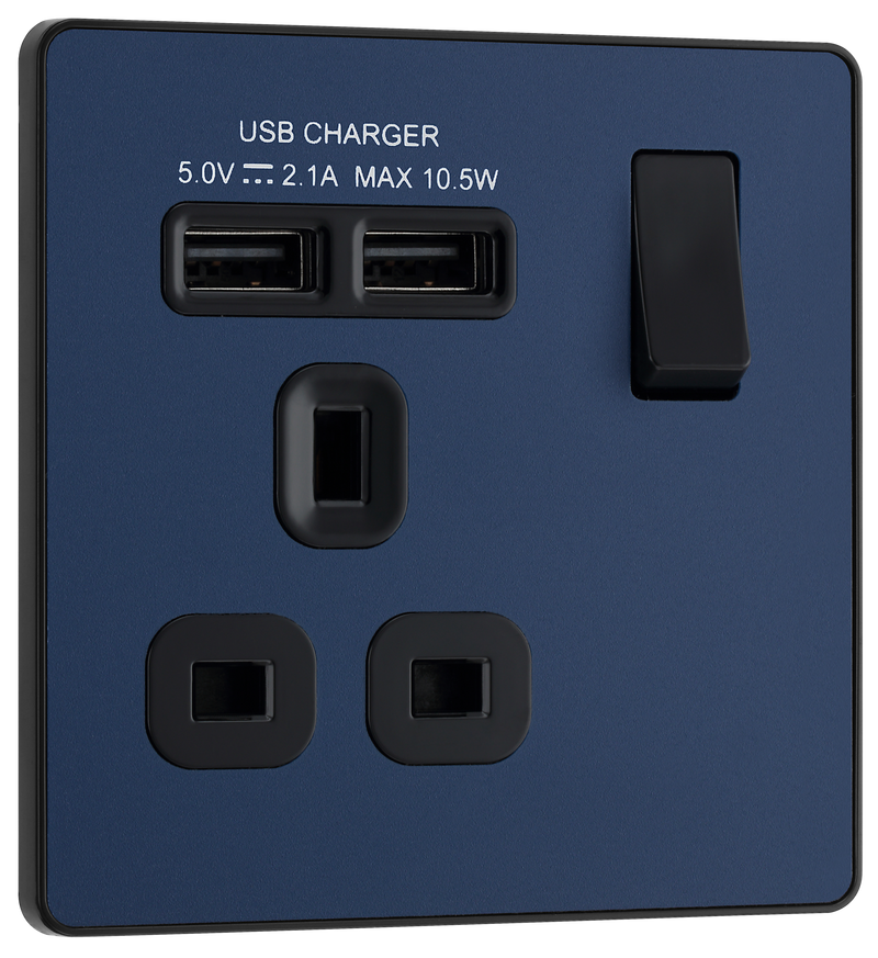 BG PCDDB21U2B Matt Blue Evolve 1 Gang 13A 2x USB-A 2.1A Switched Socket Outlet - Black Insert