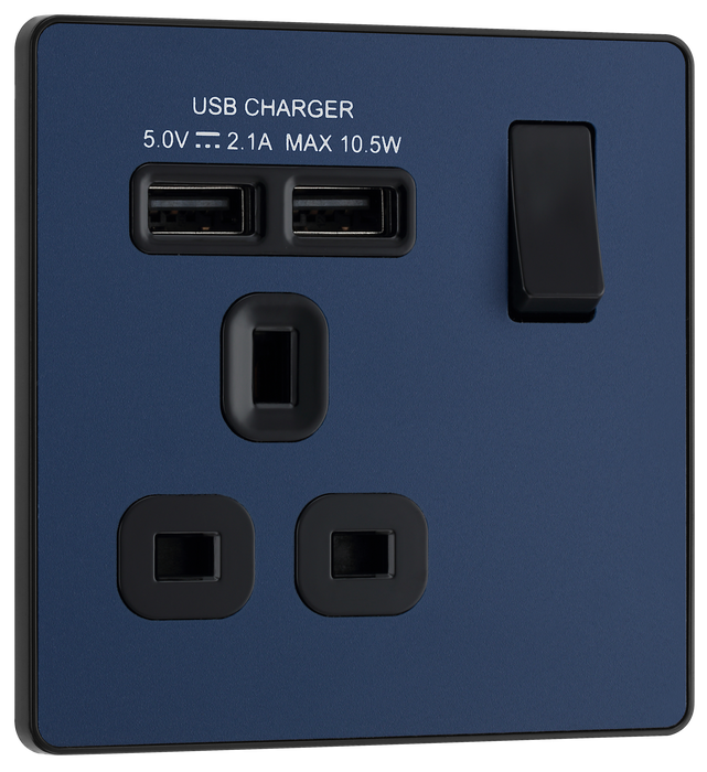 PCDDB21U2B Front - This Evolve Matt Blue 13A single power socket from British General comes with two USB charging ports, allowing you to plug in an electrical device and charge mobile devices simultaneously without having to sacrifice a power socket.