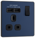 PCDDB21U2B Front - This Evolve Matt Blue 13A single power socket from British General comes with two USB charging ports, allowing you to plug in an electrical device and charge mobile devices simultaneously without having to sacrifice a power socket.
