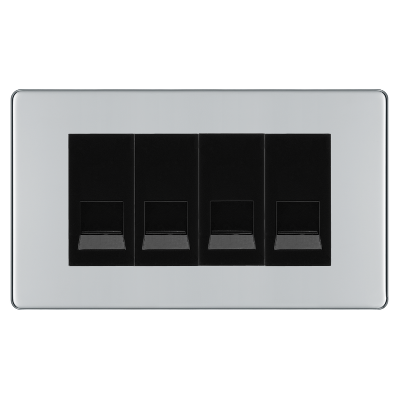 BG Screwless Polished Chrome 4 Gang Secondary Telephone Socket, Screw Terminal - Black Insert