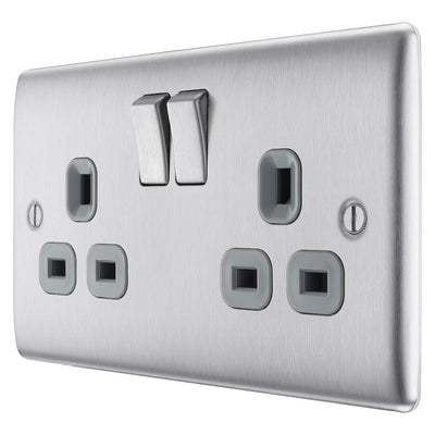 Brushed Steel 2 Gang 13A Switched Double Socket & Surface Pattress Back Box