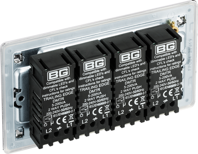 BG Electrical FPC84 Nexus Flatplate Screwless Polished Chrome 4 Gang 200W 2 Way Trailing-Edge Push Dimmer Switch