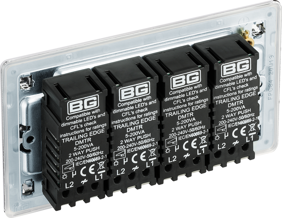 FPC84 Back - This trailing edge quadruple dimmer switch from British General allows you to control your light levels and set the mood. The intelligent electronic circuit monitors the connected load and provides a soft-start with protection against thermal.