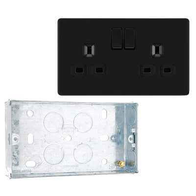 BG Screwless Matt Black 13A Double Socket FFB22B with 25mm Steel Back Box