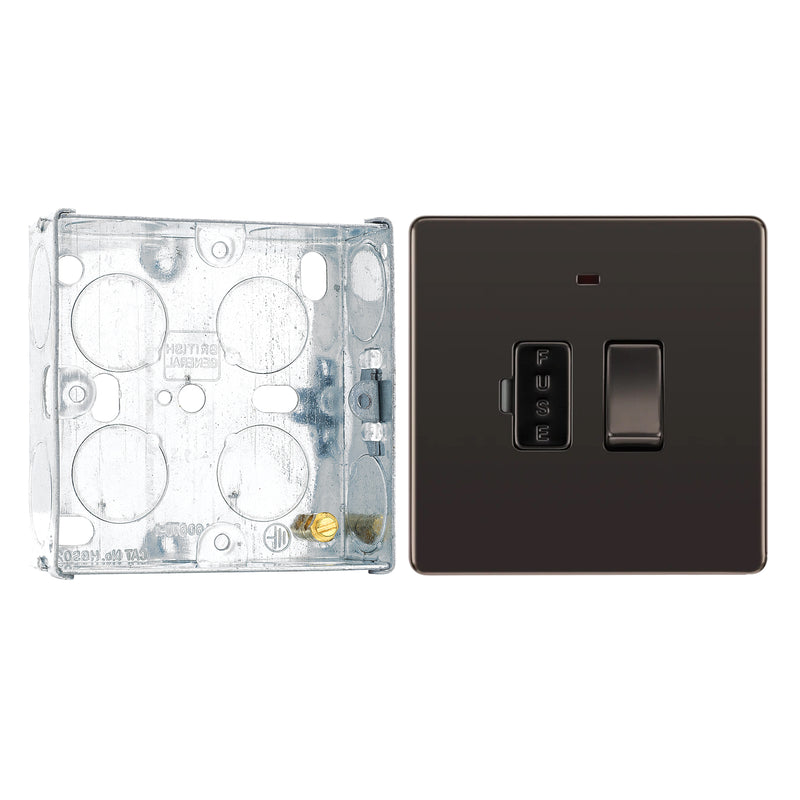 BG Screwless Black Nickel 13A Switched Spur + Neon FBN52 with 25mm Steel Back Box