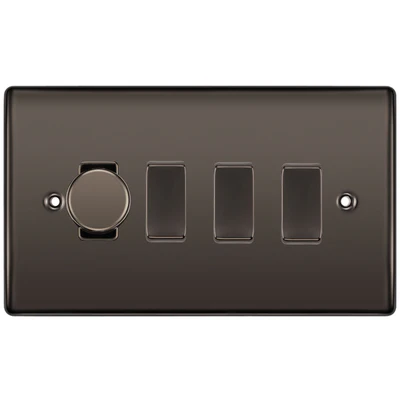 BG Nexus Black Nickel 4 Gang Switch 1x Trailing Edge LED Dimmer 3x Intermediate Custom Grid Switch by British General (BG-Nexus-BN-4G-CUSTOM-1x-Dimmer-3x-INT)