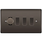 BG Nexus Black Nickel 4 Gang Switch 1x Trailing Edge LED Dimmer 3x Intermediate Custom Grid Switch by British General (BG-Nexus-BN-4G-CUSTOM-1x-Dimmer-3x-INT)