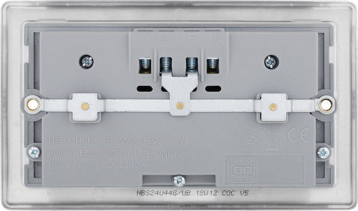 NBS24U44G Back - The BG Electrical Nexus Metal NBS24U44G is a brushed stainless steel double (2 gang) switched socket with grey inserts and 4 4.2A USB sockets, manufactured by British General Electrical. 