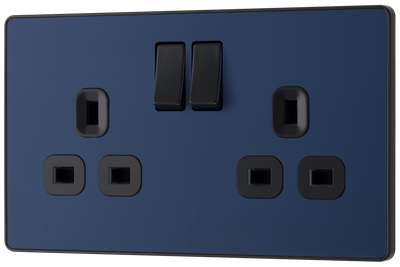 PCDDB22B Front - This Evolve Matt Blue 13A double switched socket from British General has been designed with angled in line colour coded terminals and backed out captive screws for ease of installation, and fits a 25mm back box making it an ideal retro-fit replacement for existing sockets.
