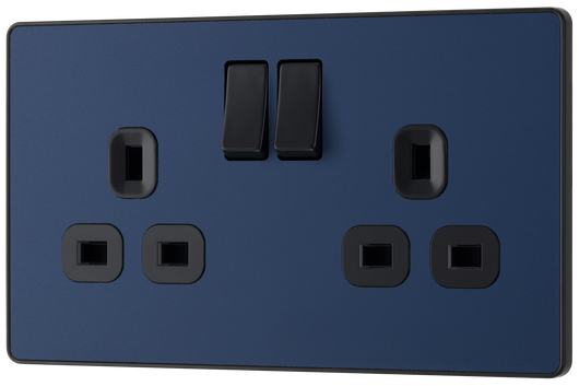PCDDB22B Front - This Evolve Matt Blue 13A double switched socket from British General has been designed with angled in line colour coded terminals and backed out captive screws for ease of installation, and fits a 25mm back box making it an ideal retro-fit replacement for existing sockets.