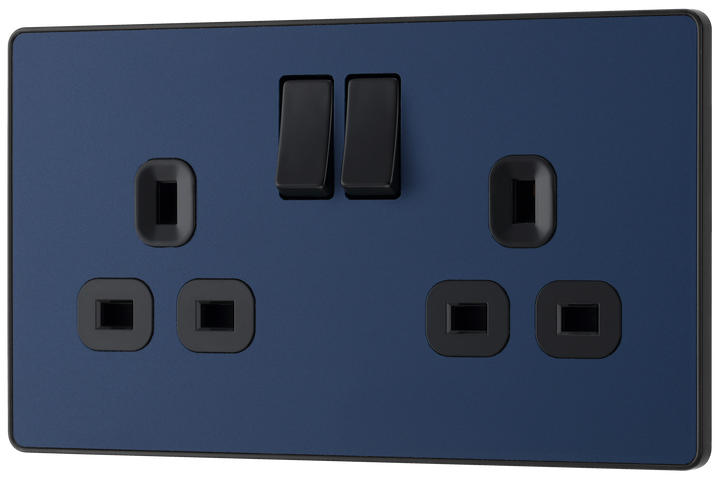 PCDDB22B Front - This Evolve Matt Blue 13A double switched socket from British General has been designed with angled in line colour coded terminals and backed out captive screws for ease of installation, and fits a 25mm back box making it an ideal retro-fit replacement for existing sockets.