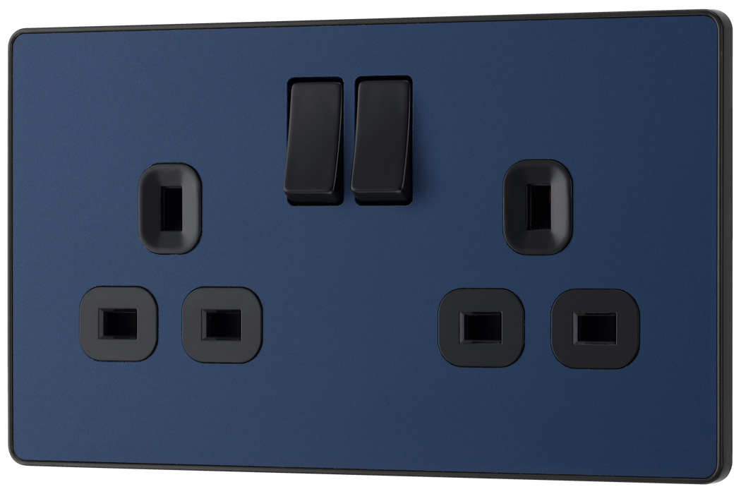 PCDDB22B Front - This Evolve Matt Blue 13A double switched socket from British General has been designed with angled in line colour coded terminals and backed out captive screws for ease of installation, and fits a 25mm back box making it an ideal retro-fit replacement for existing sockets.