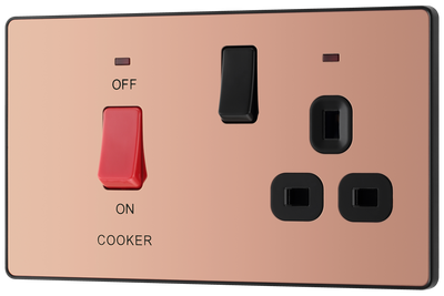 PCDCP70B Front - This Evolve Polished Copper 45A cooker control unit from British General includes a 13A socket for an additional appliance outlet, and has flush LED indicators above the socket and switch.