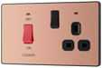 PCDCP70B Front - This Evolve Polished Copper 45A cooker control unit from British General includes a 13A socket for an additional appliance outlet, and has flush LED indicators above the socket and switch.