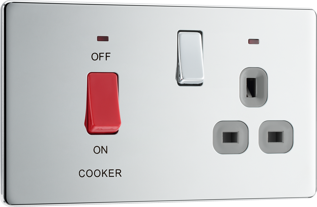 FPC70G Front - This 45A cooker control unit from British General includes a 13A socket for an additional appliance outlet and has flush LED indicators above the socket and switch.
