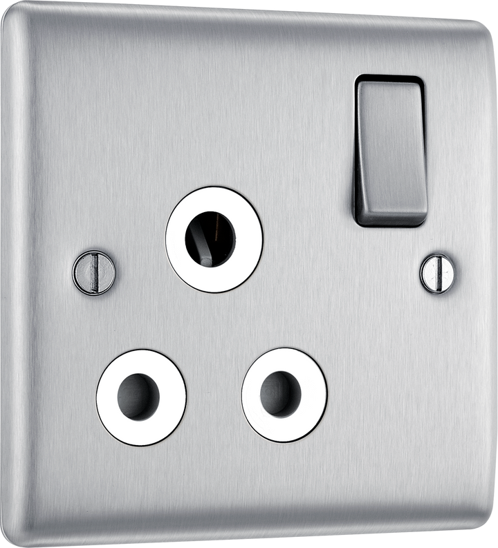 NBS99W Front - This 15A round pin switched socket from British General has a brushed steel finish with an anti-fingerprint lacquer and a sleek and slim profile with softly rounded edges to add a touch of luxury to your decor. 