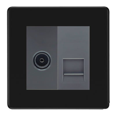 BG Screwless Matt Black TV Aerial & Master Telephone Socket — Grey Insert