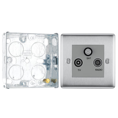 BG Nexus Brushed Steel Triplex TV/FM/Sat Socket NBS67 with 25mm Steel Back Box by British General (BG-NBS67+HGS02)