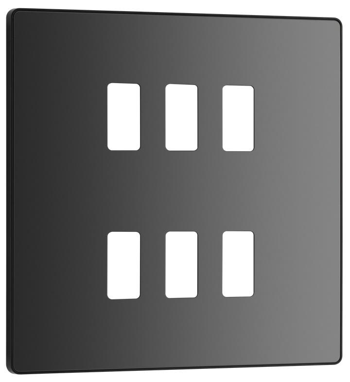 RPCDBC6B Front - The Grid modular range from British General allows you to build your own module configuration with a variety of combinations and finishes. This black chrome finish Evolve front plate clips on for a seamless finish, and can accommodate 6 Grid modules - ideal for commercial applications.