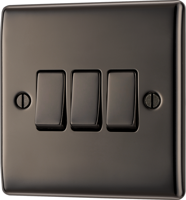 NBN43 Front - This black nickel finish 20A 16AX triple light switch from British General can operate 3 different lights whilst the 2 way switching allows a second switch to be added to the circuit to operate the same light from another location (e.g. at the top and bottom of the stairs).