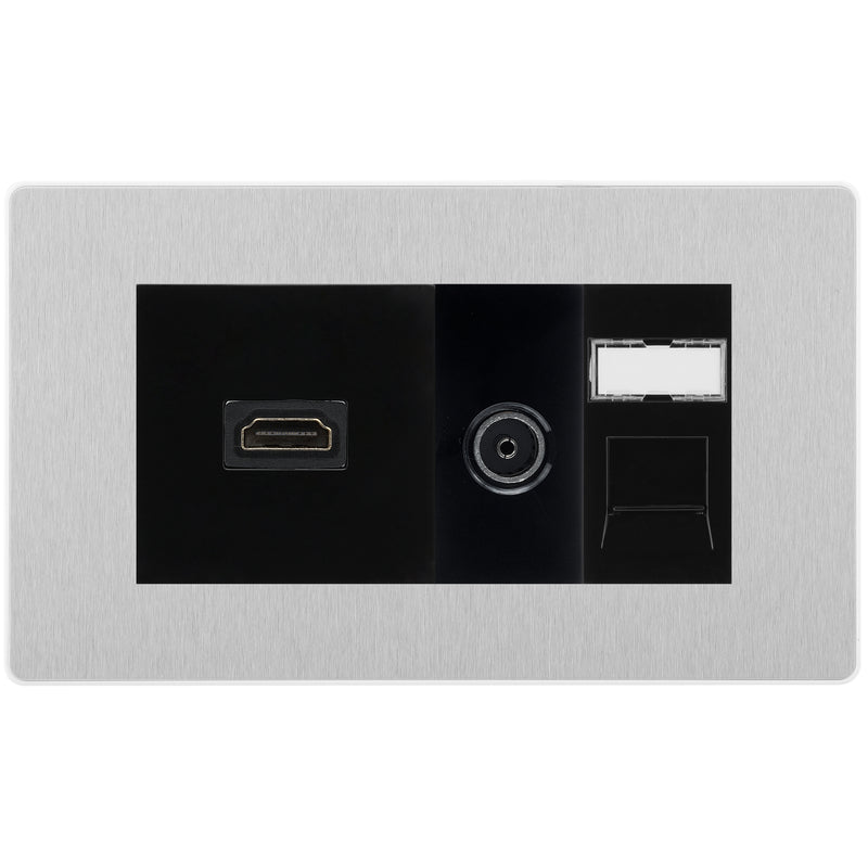 BG Evolve Media Wall Plate — TV Aerial, HDMI & CAT6 | Brushed Steel Screwless