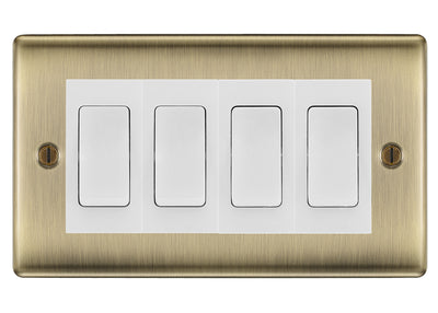 BG Nexus Antique Brass 4 Gang 20AX 2-Way Switch Custom Grid - White Insert by British General (BG-Nexus-AB-4G-Combo-4x 2WAY-WH)