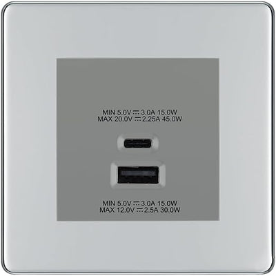 BG Polished Chrome 45W USB Wall Socket Euro Module USB-A & C - Grey Insert by British General (BG-FPCEMS2+EMUSBAC45G)