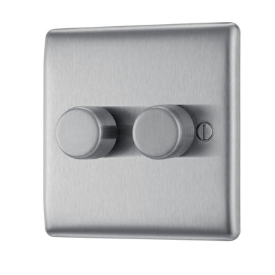 BG Nexus Brushed Steel 2-Way Double Trailing Edge Push Dimmer & Surface Pattress Back Box