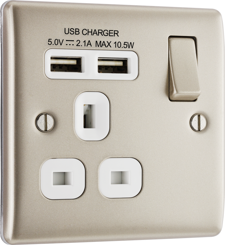 NPR21U2W Front - This 13A single power socket from British General comes with two USB charging ports allowing you to plug in an electrical device and charge mobile devices simultaneously without having to sacrifice a power socket. The Nexus Metal range has a sleek and slim profile with softly rounded edges