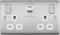 BG NBS22UAC22W Brushed Steel Double Socket with USB 22W Type A & C USB White Inserts