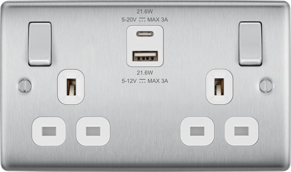 BG NBS22UAC22W Brushed Steel Double Socket with USB 22W Type A & C USB White Inserts