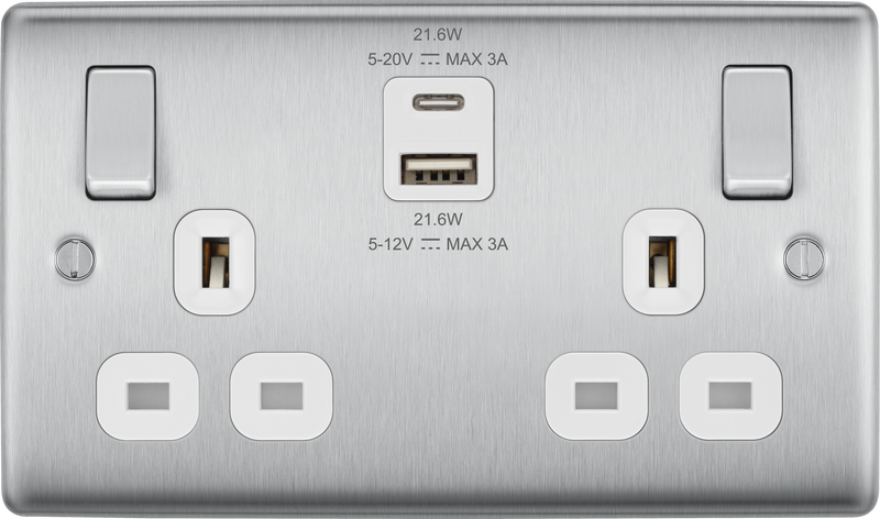 BG NBS22UAC22W Brushed Steel Double Socket with USB 22W Type A & C USB White Inserts