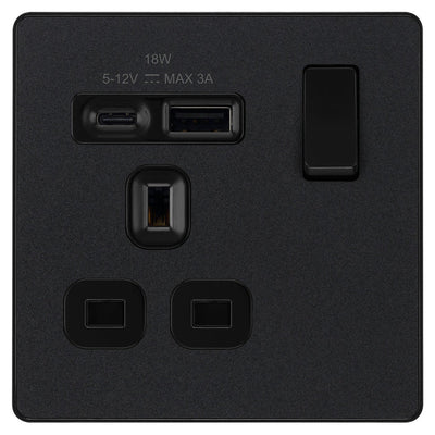 BG PCDMB21UAC18B Evolve | Matt Black - Black Insert |1 Gang 13A Single Pole 1x USB-A 1x USB-C Switched Socket by British General (BG-PCDMB21UAC18B)