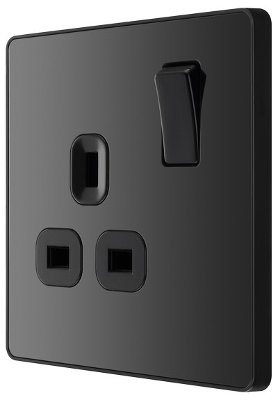 PCDBC21B Side - This Evolve Black Chrome 13A single switched socket from British General has been designed with angled in line colour coded terminals and backed out captive screws for ease of installation, and fits a 25mm back box making it an ideal retro-fit replacement for existing sockets.