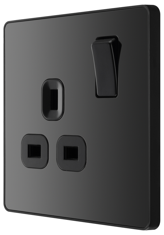 PCDBC21B Side - This Evolve Black Chrome 13A single switched socket from British General has been designed with angled in line colour coded terminals and backed out captive screws for ease of installation, and fits a 25mm back box making it an ideal retro-fit replacement for existing sockets.