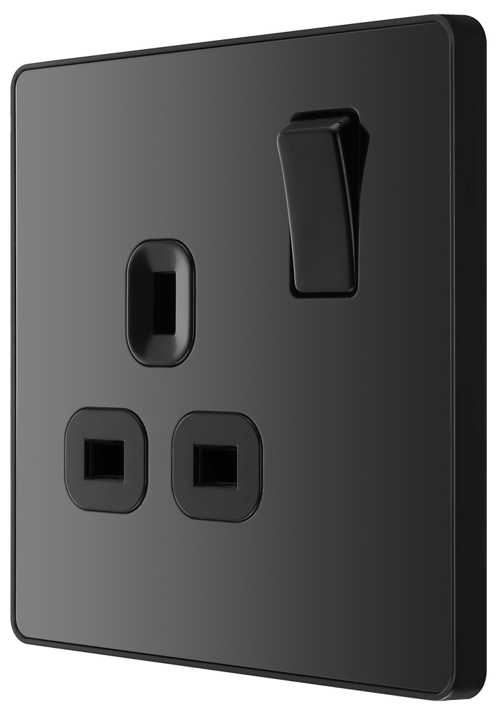 PCDBC21B Side - This Evolve Black Chrome 13A single switched socket from British General has been designed with angled in line colour coded terminals and backed out captive screws for ease of installation, and fits a 25mm back box making it an ideal retro-fit replacement for existing sockets.