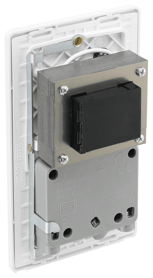 PCDBS20W Back - This Evolve Brushed Steel dual voltage shaver socket from British General is suitable for use with 240V and 115V shavers and electric toothbrushes.