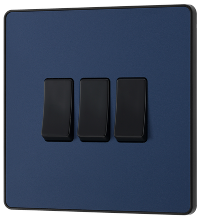 BG PCDDB43B Matt Blue Evolve 3 Gang 20A 16AX 2 Way Light Switch - Black Insert