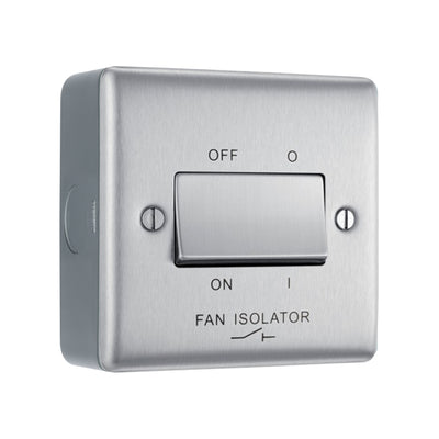 Brushed Steel 10A Triple Pole Fan Isolator Switch & Surface Pattress Back Box by British General (BG-NBS15+MC501)