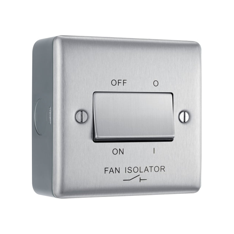 Brushed Steel 10A Triple Pole Fan Isolator Switch & Surface Pattress Back Box