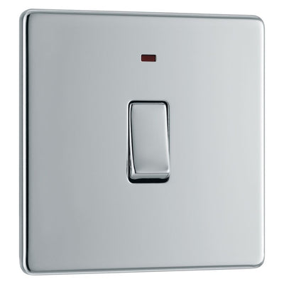 BG Screwless Polished Chrome 1 Gang 20A 2 Pole Neon Switch FPC31 with 25mm Steel Back Box