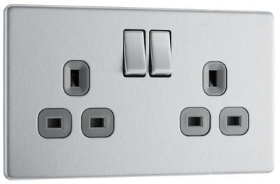 FBS22G Front - This Screwless Flat plate brushed steel finish 13A double switched socket from British General has a sleek flat profile that clips on and off for screwless appearance and an anti-fingerprint lacquer with no visible plastic around the switches for a premium finish.