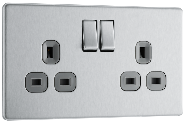 FBS22G Front - This Screwless Flat plate brushed steel finish 13A double switched socket from British General has a sleek flat profile that clips on and off for screwless appearance and an anti-fingerprint lacquer with no visible plastic around the switches for a premium finish.