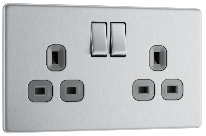 FBS22G Front - This Screwless Flat plate brushed steel finish 13A double switched socket from British General has a sleek flat profile that clips on and off for screwless appearance and an anti-fingerprint lacquer with no visible plastic around the switches for a premium finish.