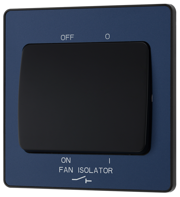 PCDDB15B Front - This Evolve Matt Blue 10A triple pole fan isolator switch from British General provides a safe and simple method of isolating mechanical fan units. This switch has a low profile screwless flat plate that clips on and off, making it ideal for modern interiors.