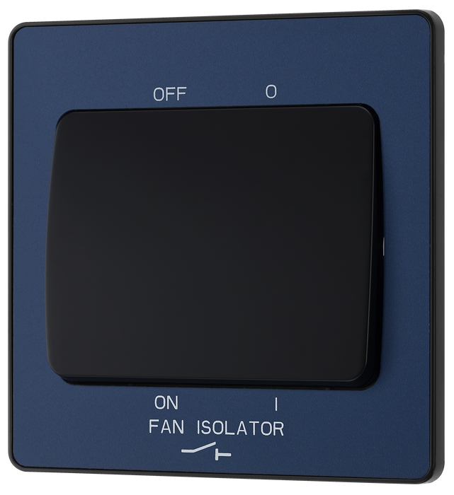 PCDDB15B Front - This Evolve Matt Blue 10A triple pole fan isolator switch from British General provides a safe and simple method of isolating mechanical fan units. This switch has a low profile screwless flat plate that clips on and off, making it ideal for modern interiors.