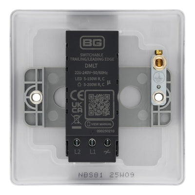 BG Nexus Brushed Steel 200W 2 Way Trailing Edge Single Dimmer Switch NBS81 with 35mm Steel Back Box