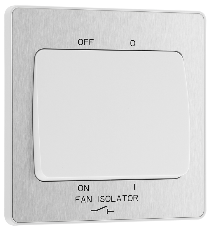 PCDBS15W Front - This Evolve Brushed Steel 10A triple pole fan isolator switch from British General provides a safe and simple method of isolating mechanical fan units.